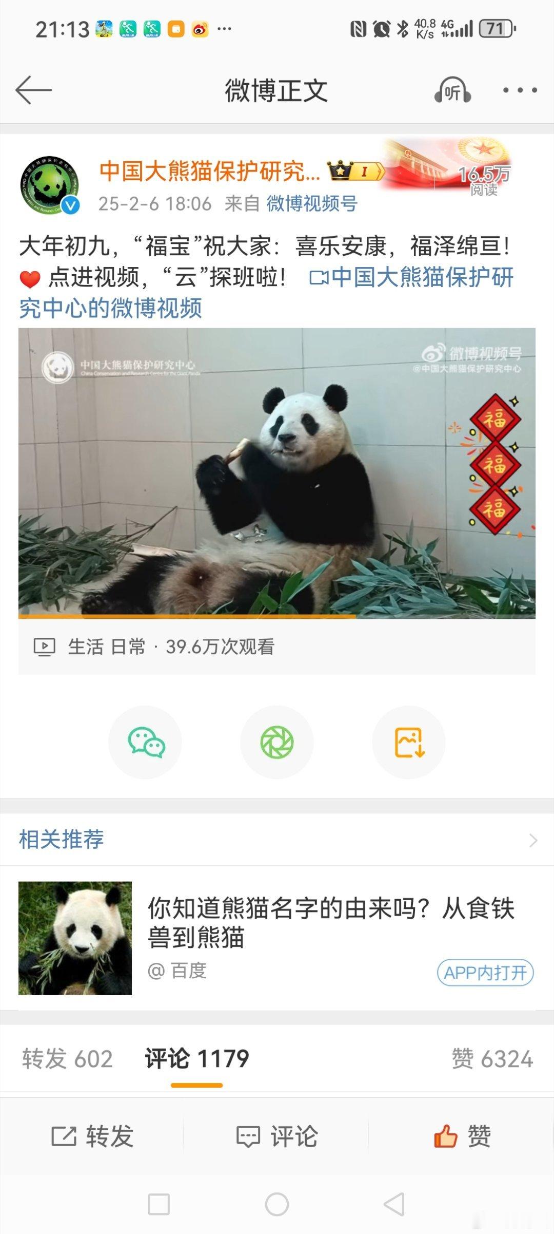 福宝给大家送福了   2月6日傍晚，发博晒出视频称:“大年初九，'福宝'🐼祝大