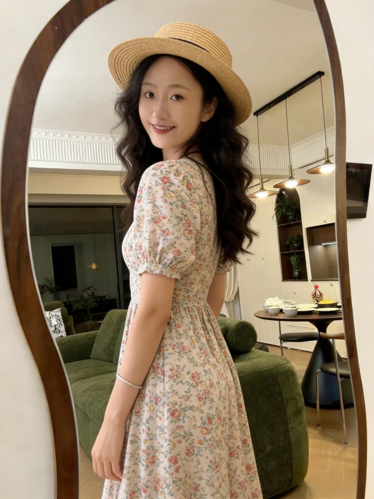 镜前我看我，镜中我非我。
眸光凝一瞬，真假皆过客。