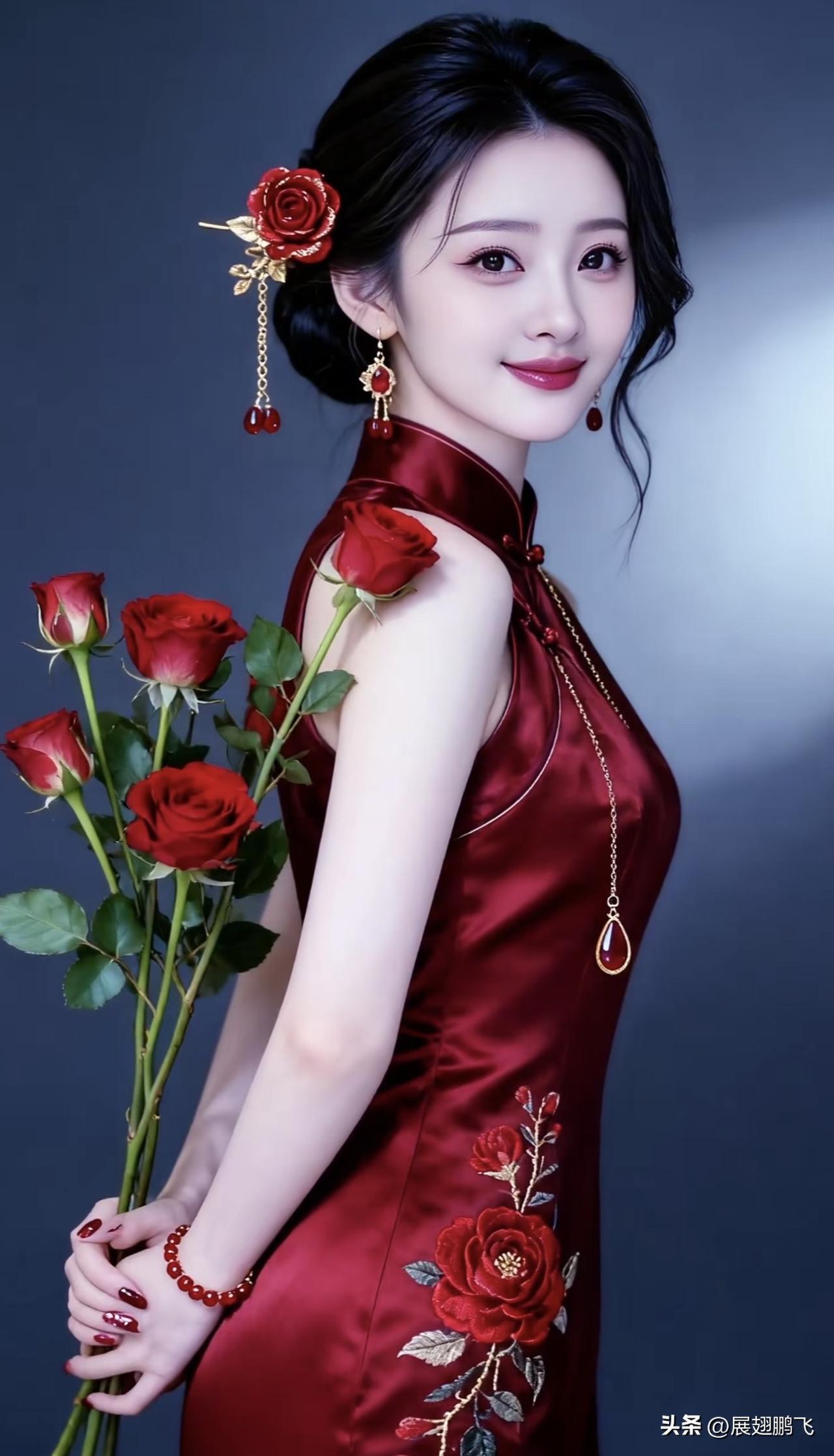 优雅红玫瑰，东方美人韵，惊艳时光！自然红玫瑰 红玫瑰风景 玫瑰红装美女 红玫瑰风