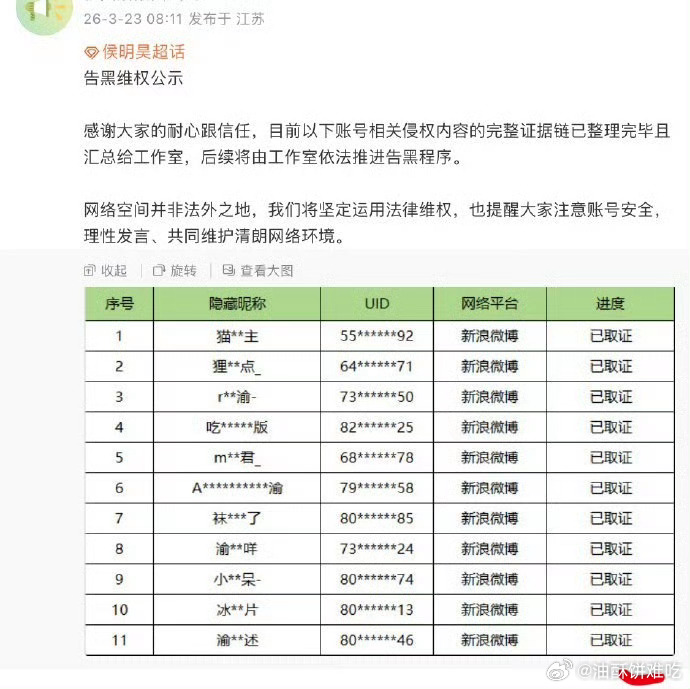 侯明昊方告黑了，速度还挺快的 
