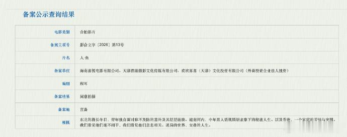 王一博新电影人鱼立项 据国家电影局关于2026年5月下全国电影剧本（梗概）备案、