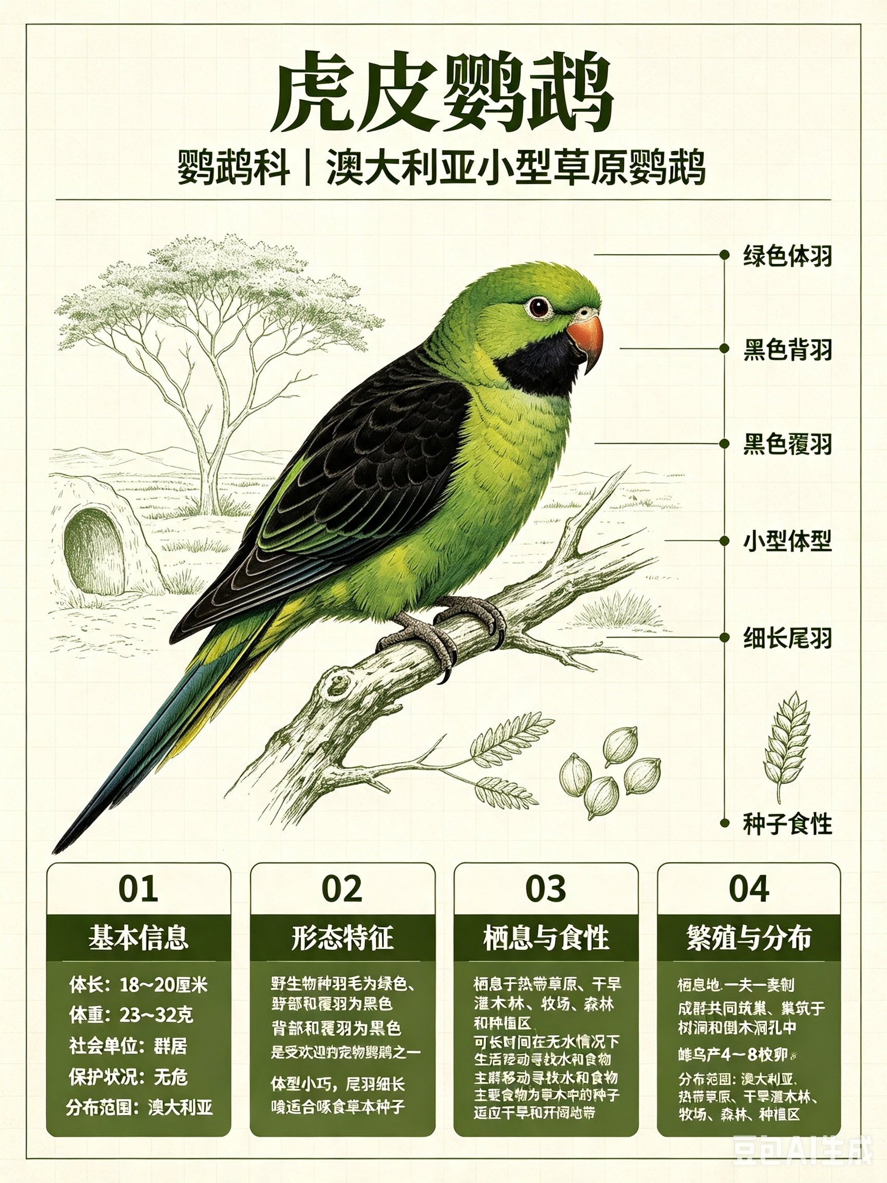 鸟类朋友图鉴 虎皮鹦鹉体长：18~20 厘米体重：23~32 克社会单位：群居保