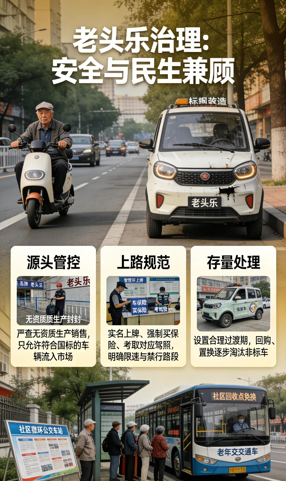 “老头乐”解决了老人短途出行难题，但无牌无证、乱行闯红灯、安全系数低，隐患突出。