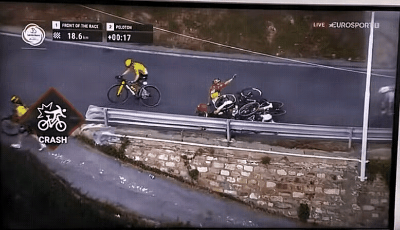 自行车比赛险象环生，虽然没有摩托车比赛危险，但一旦发生了事故，看起来也是相当惊险