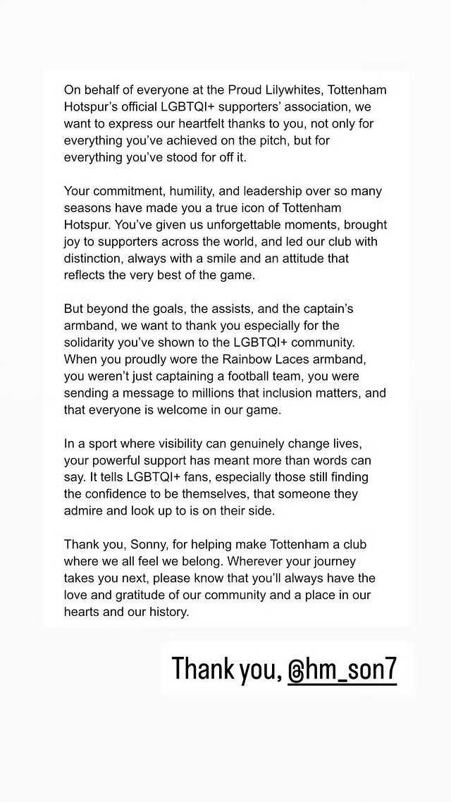 热刺LGBTQI+支持者协会 Proud Lilywhites发文致敬孙兴慜我们