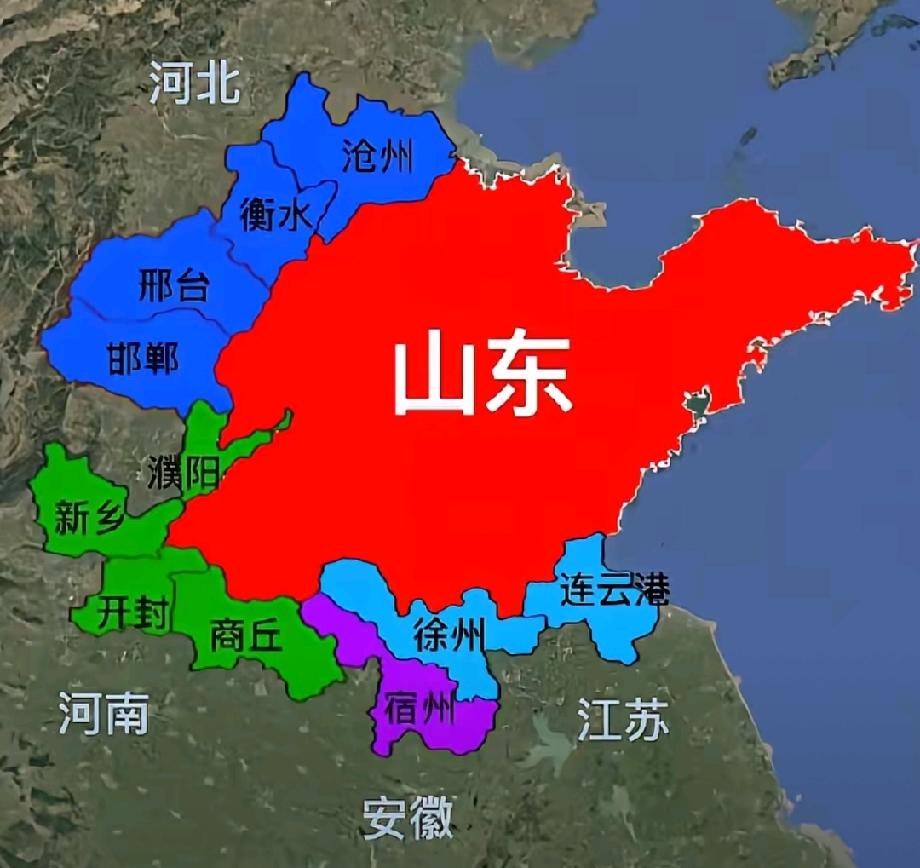 原来山东省和安徽省是接壤的啊，而且两省强强联合硬生生地把江苏和河南二省给隔开了，
