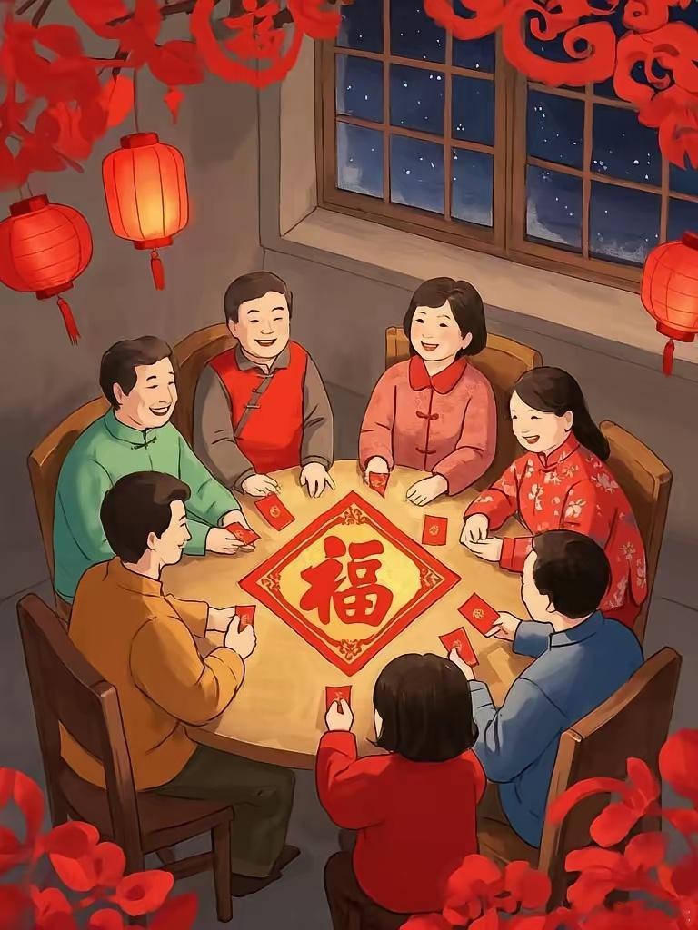 围炉守岁，同话春晚，欢声笑语，驱散冬日严寒；相聚情甜，时光清浅，钟声悠扬，福泽满