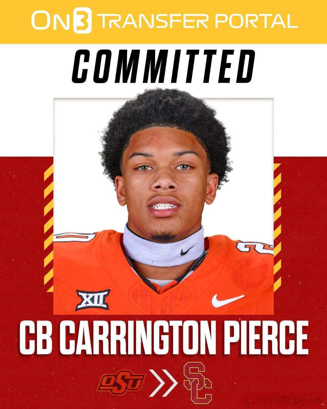 USC橄榄球今天收获了转学期的第一个转学球员，Carrington Pierce