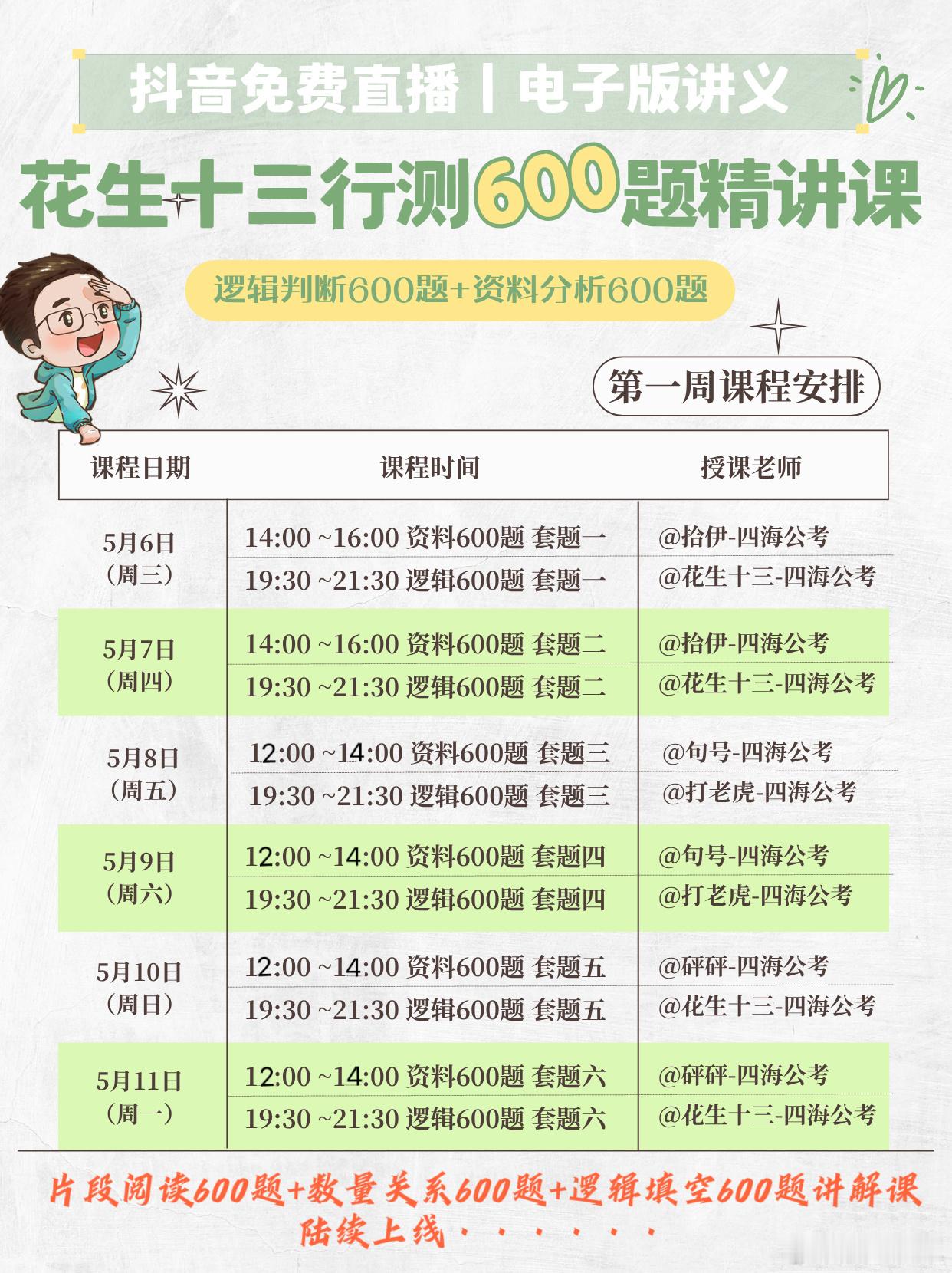 花生老师的600题精讲课，上课时间有调整了昨日收到同学关于上课时间的反馈，有同学
