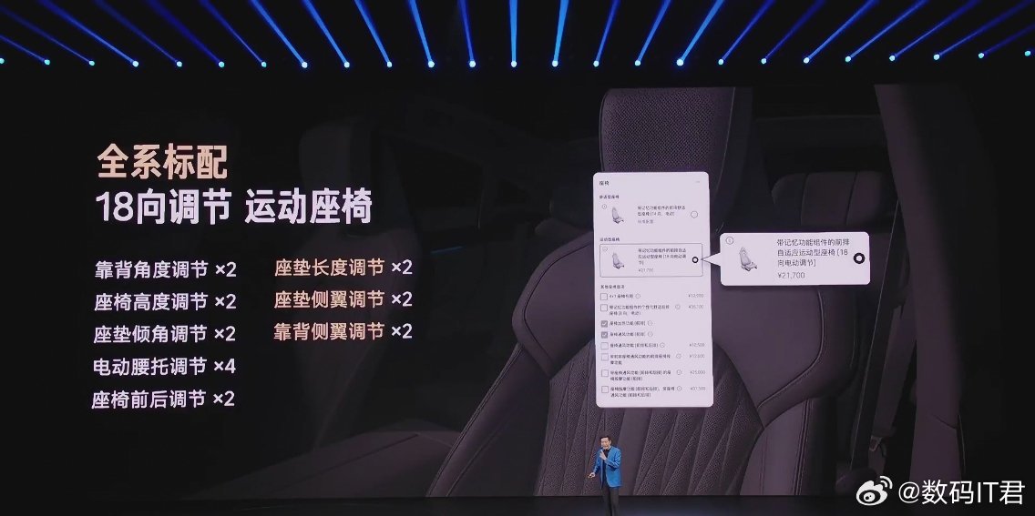 小米发布会新一代SU7全新一代小米SU7，主驾全系标配18向可调运动座椅。不愧是