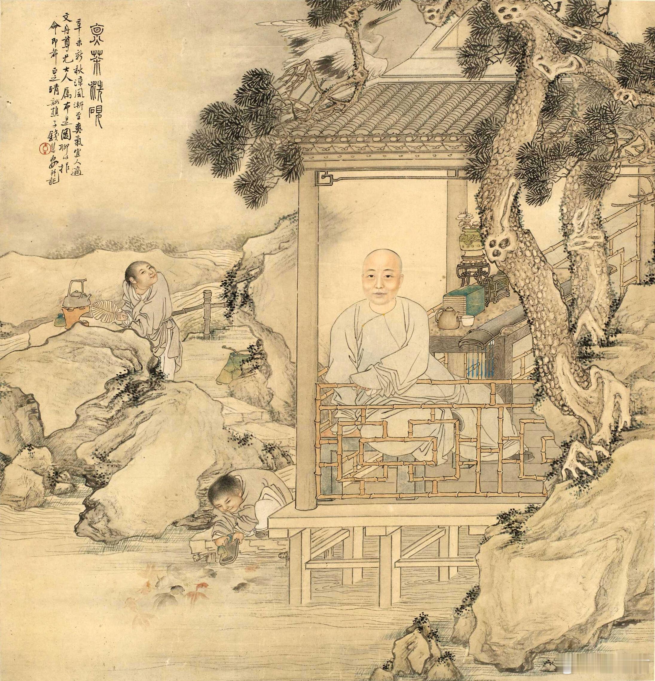 【煮茶洗砚图轴】上海博物馆/藏此画作于同治十年辛未。画一文士安坐水榭，石案上摆放
