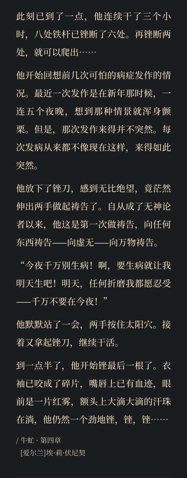 牛虻  每次看到牛虻在无尽的绝望之中茫然地做起祷告就会难过得不知道怎么办才好，他