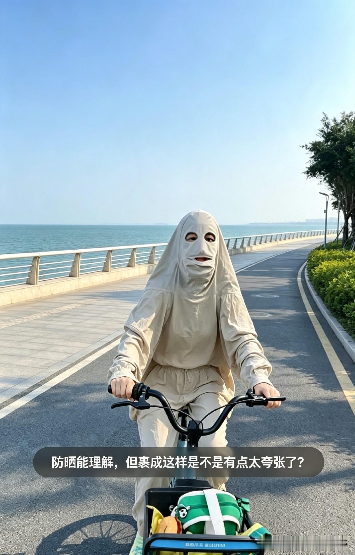 现在防晒真是越来越拼了，直接全套裹得严严实实，只露出一双眼睛。
远远看着真有点吓