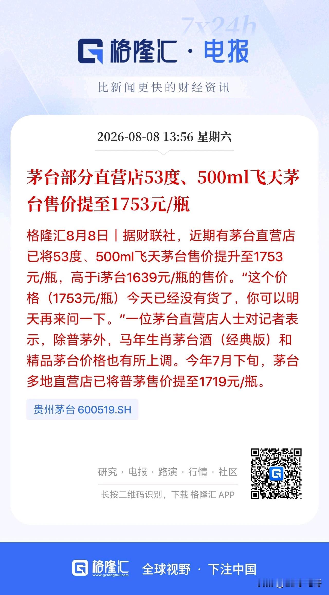 最近各种消息都是白酒价格在涨，刚刚茅台也又调价了， 53度的飞天茅台提价到了17