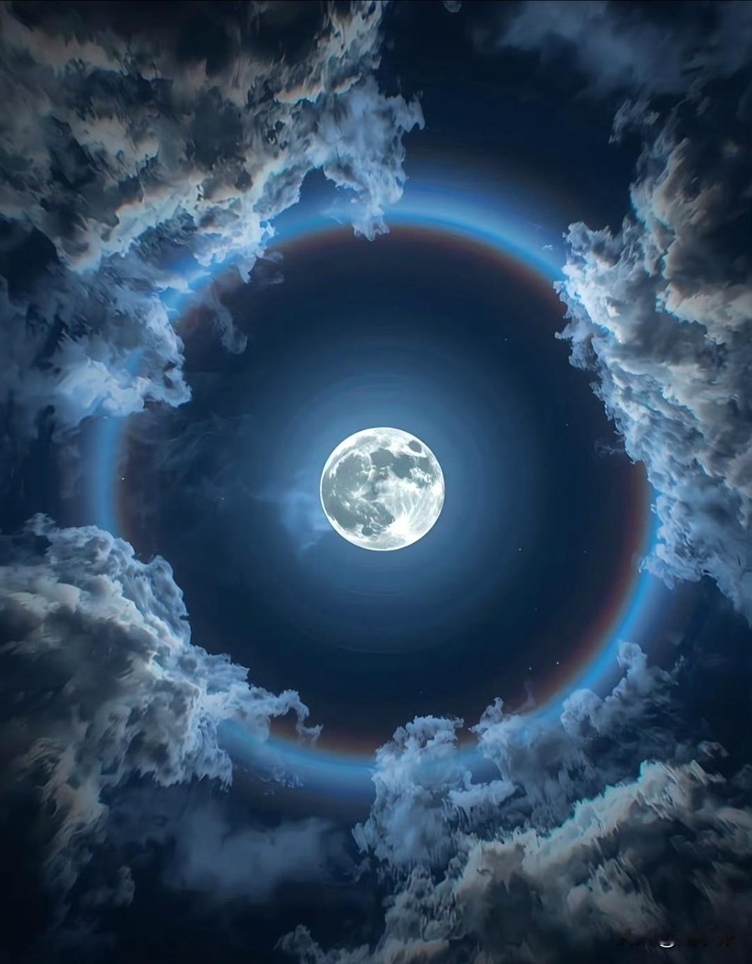 夜空深邃，一轮皓月当空，清辉洒满苍穹。四周云海翻腾，如轻纱般环绕，勾勒出梦幻的天