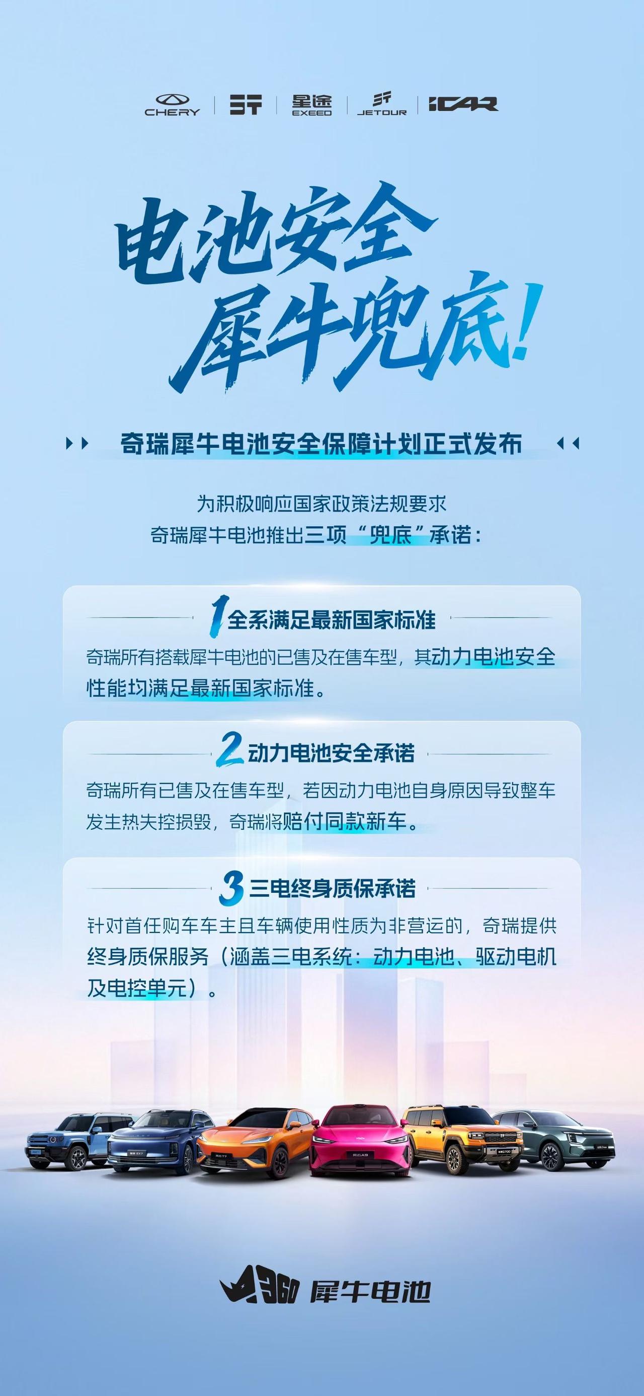 奇瑞犀牛电池“兜底”，划个重点：全系电池达标新国标；电池自身热失控损毁赔同款新车