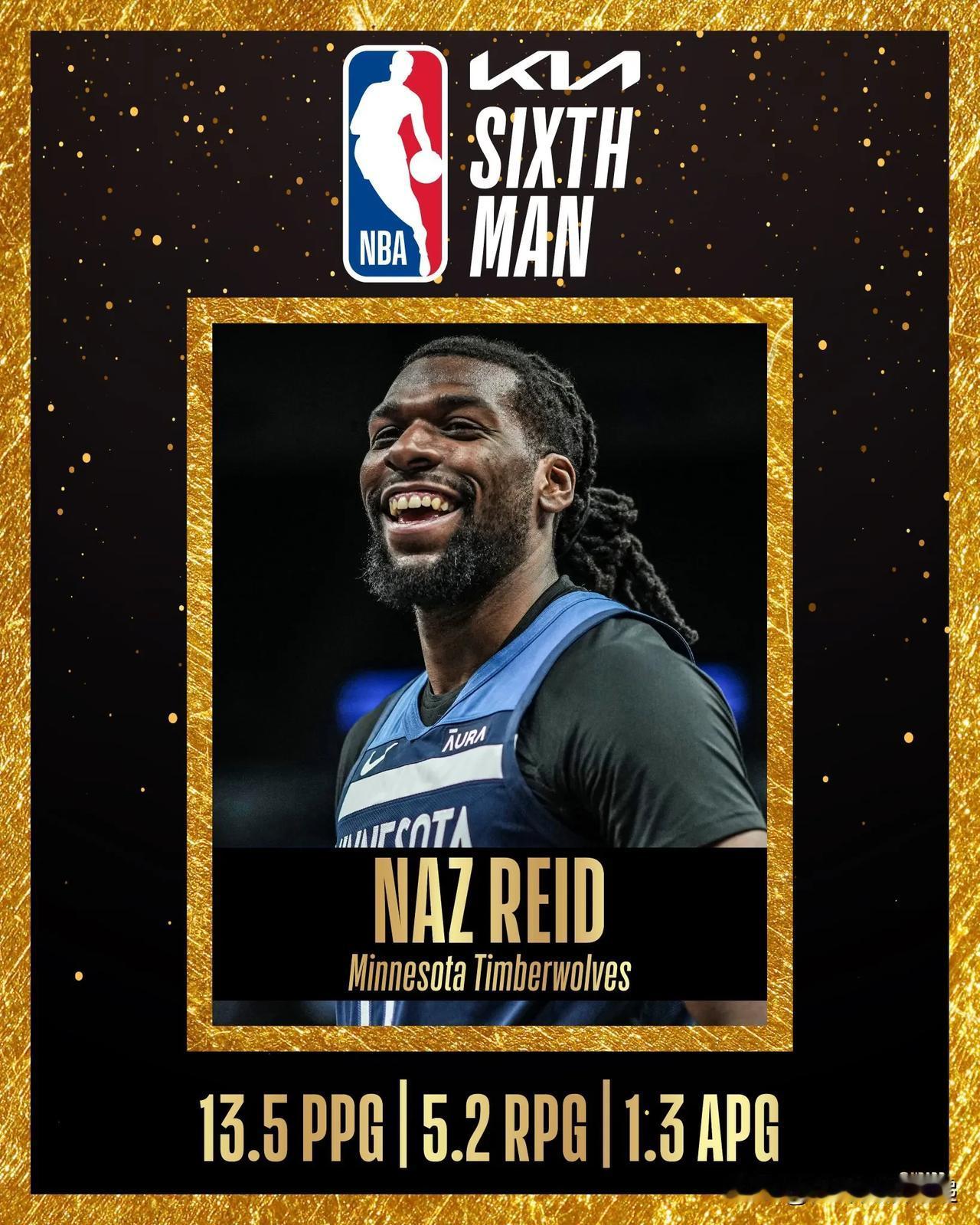 明尼苏达森林狼队中锋纳兹·里德荣获约翰·哈夫利切克奖，被评为 2023-24 赛