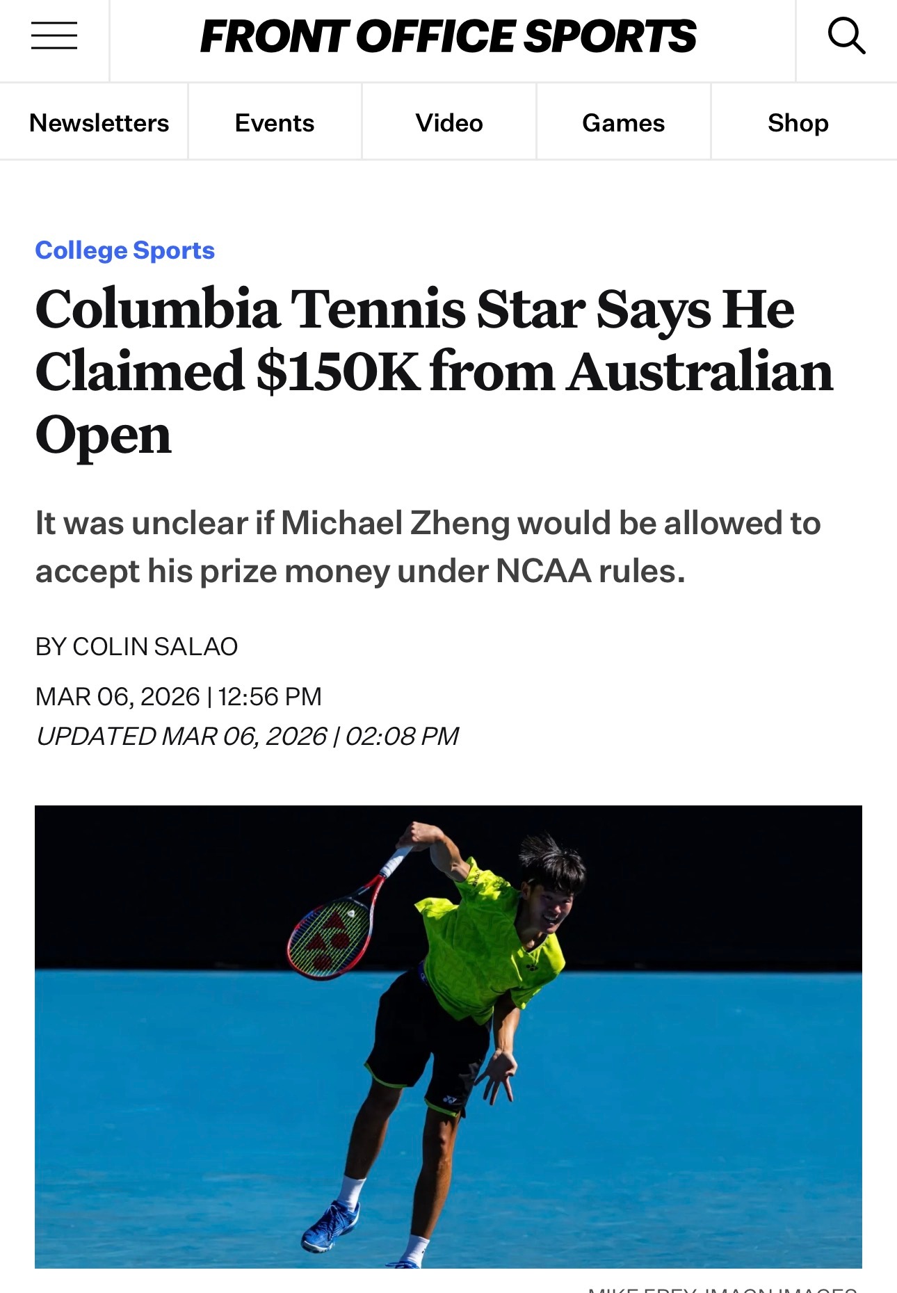 我看有博主说郑瑞由于参加NCAA，所以不能领取年初澳网打进第二轮的奖金。本周在印