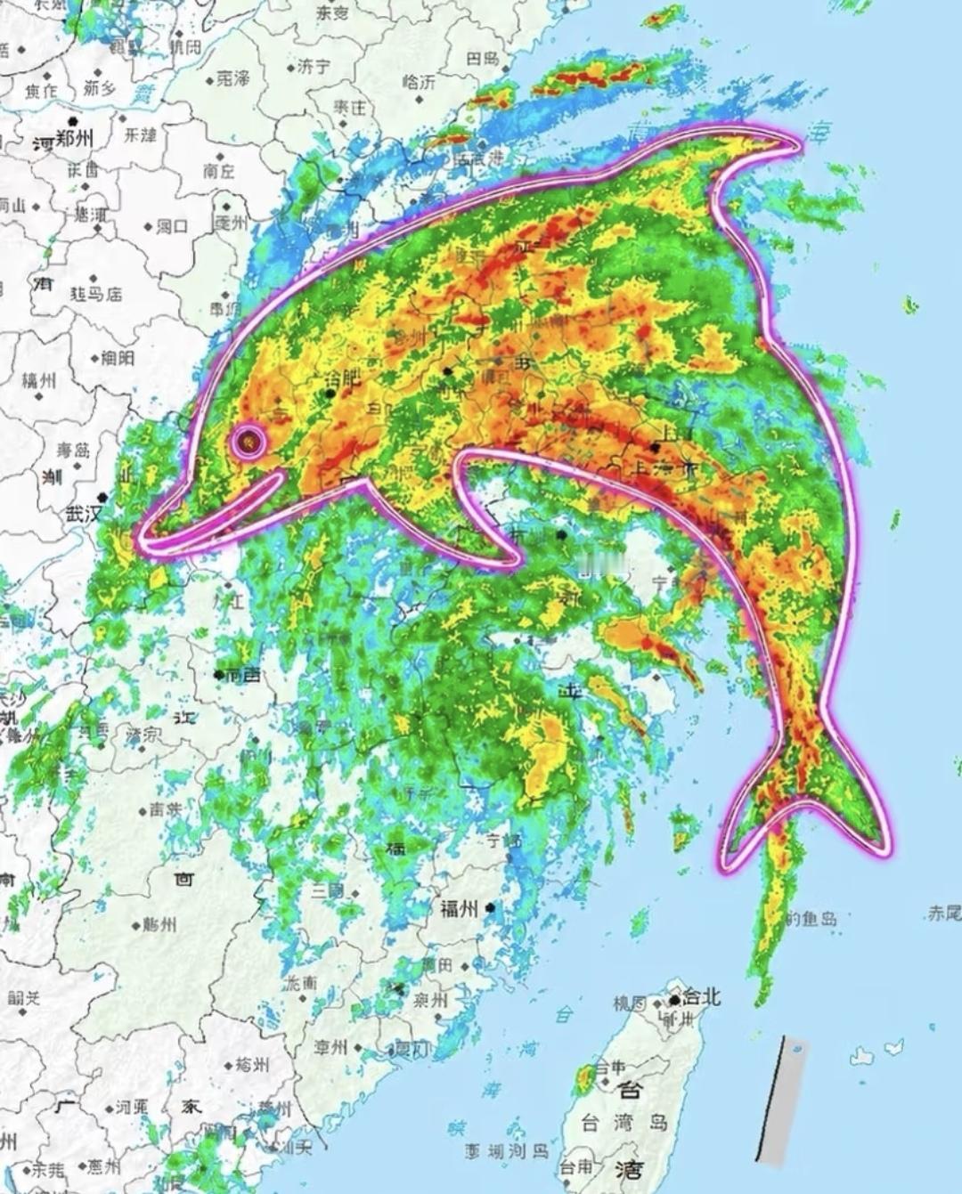 今年第13号台风“白海豚”昨天从浙江沿海登陆，今天的雷达回波图，网友画出轮廓还真