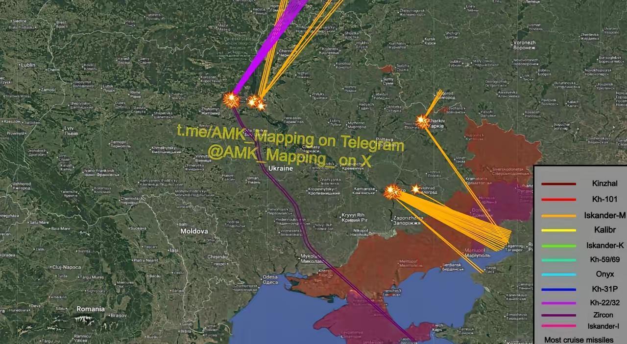 昨夜今晨俄罗斯袭击乌克兰导弹袭击航线图

俄军一次发射41枚导弹炸乌克兰，专挑能