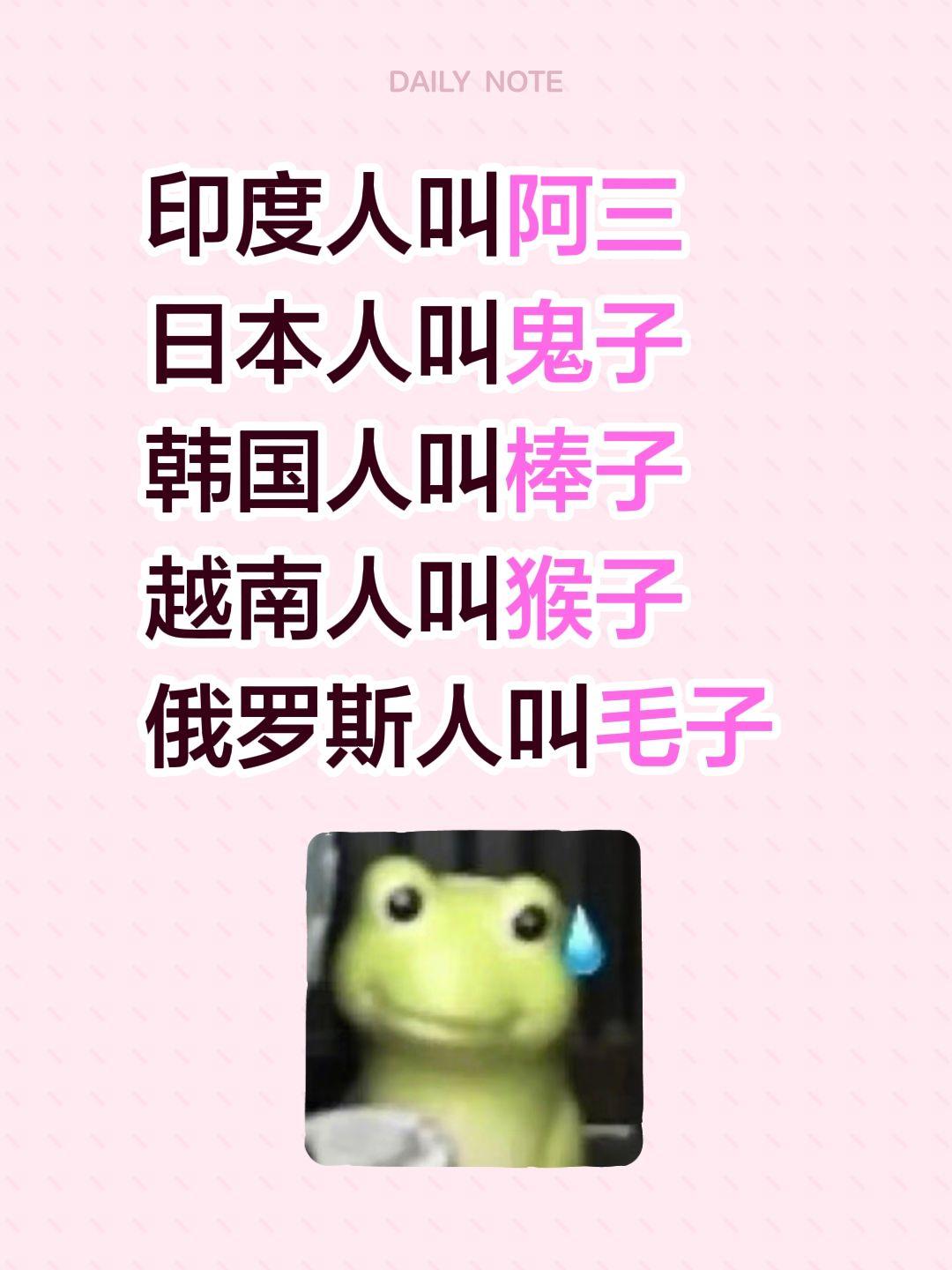印度人叫阿三 日本人叫鬼子 韩国人叫棒子 越南人叫猴子 俄罗斯人叫毛子