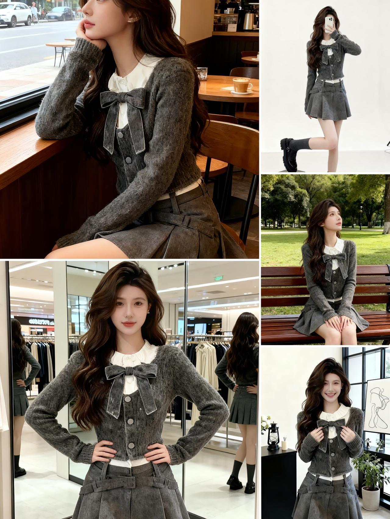 深灰甜妹套装太戳我！蝴蝶结+百褶裙的组合，甜酷感直接拉满✨辣妹穿搭大赏 穿搭穿搭