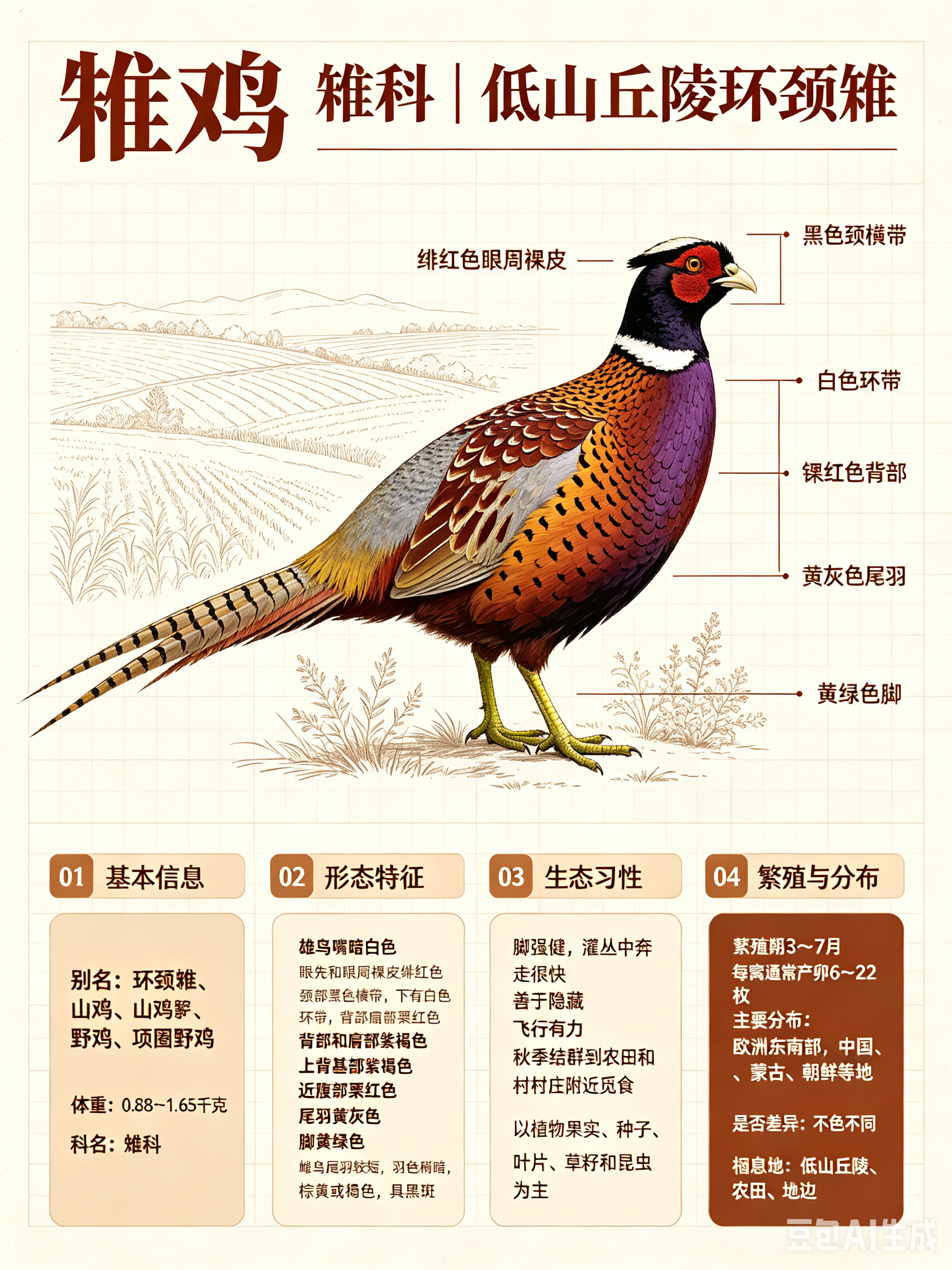 鸟类朋友图鉴 雉鸡科名：雉科体重：0.88～1.65千克别名：环颈雉、山鸡、野鸡
