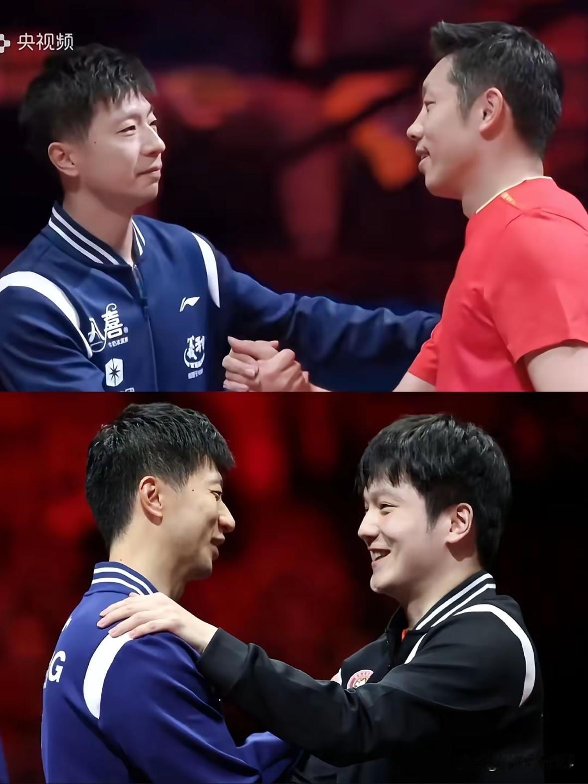 马龙赛后拥抱许昕樊振东
这两张照片太有意思了。瞧瞧许昕，让人不禁感慨廉颇老矣，青