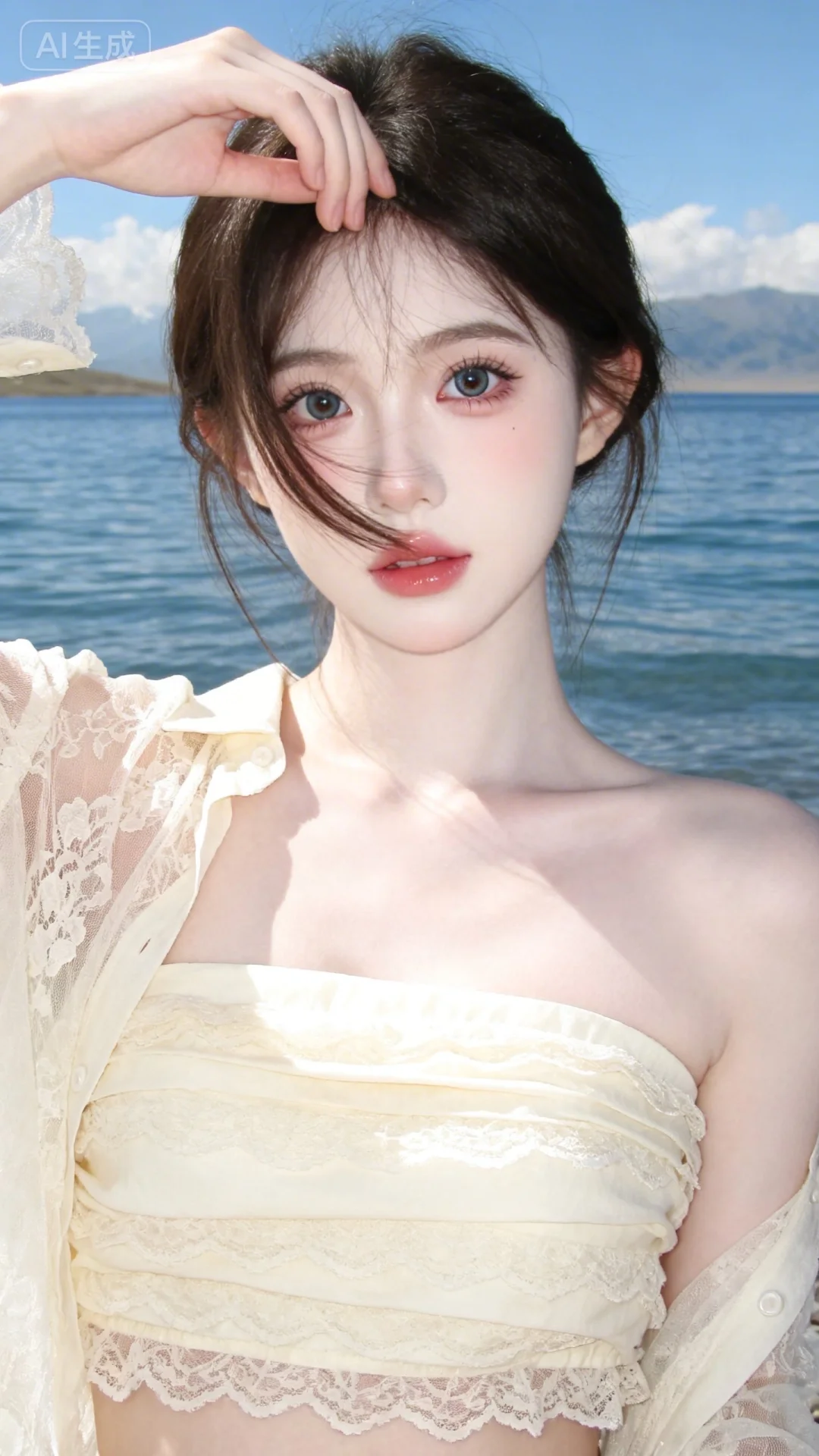 超高颜值美少女，网感头像，瓷白肌肤、奶油白肌肤，手部网拍姿势，无辜大眼睛，微醺