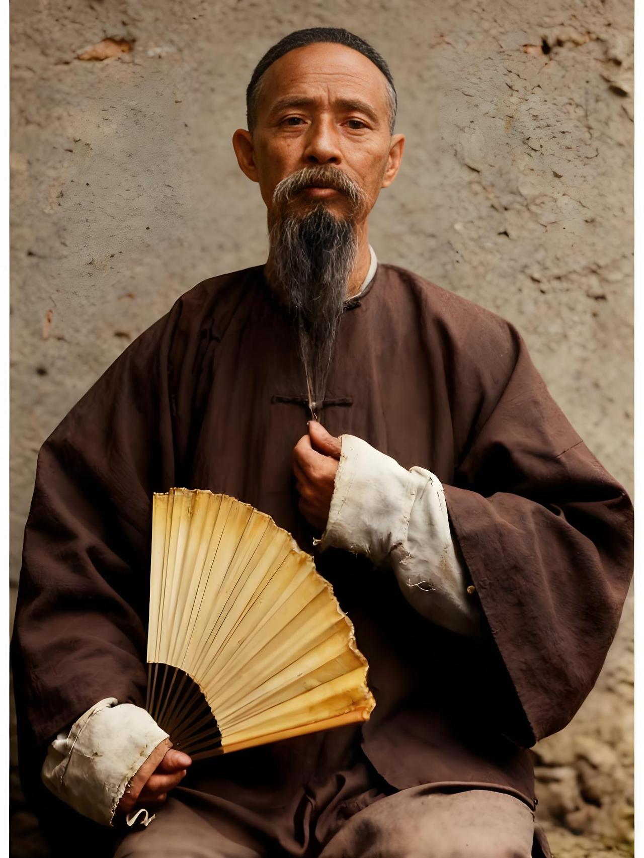 晚清的旧影里，一位长髯老者静坐着。他身着深色调的传统长衫，衣料质感厚重却不张扬。
