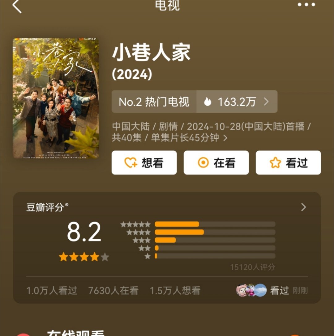 小巷人家豆瓣开分8.2，我怀疑后面评分会降，原因懂得都懂…… ​​​