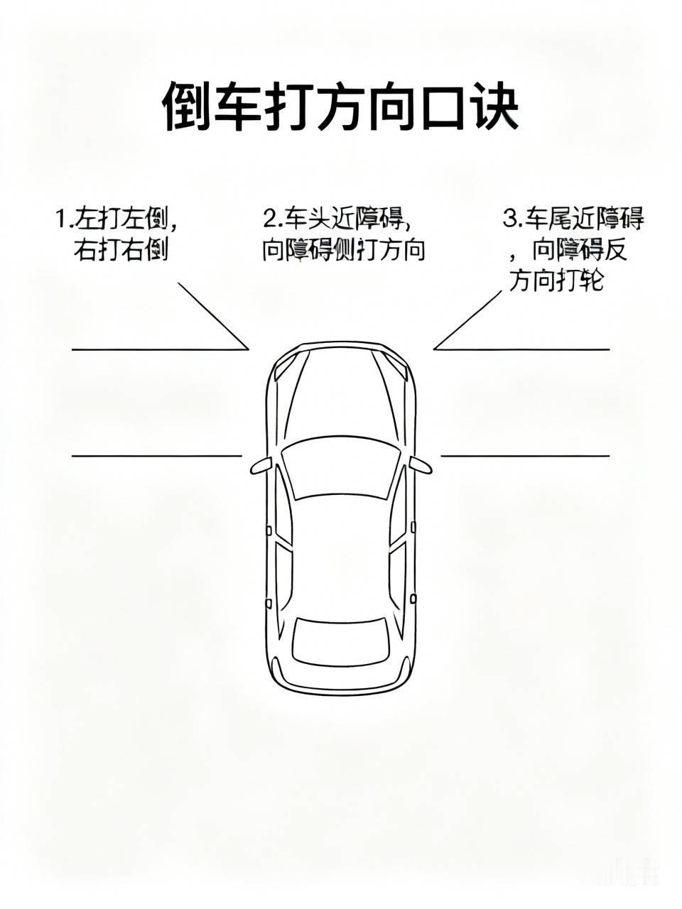 新手牢记倒车打方向口诀
1、倒车的时候，往左打方向，车尾就会往左走，往右打方向，
