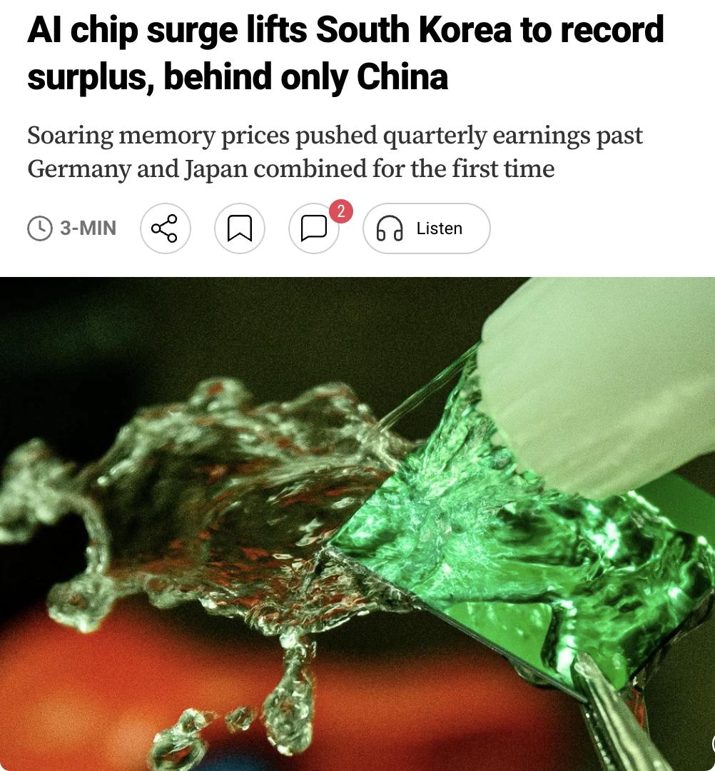 外媒：受人工智能芯片需求激增推动，韩国今年第二季度经常账户顺差达到创纪录的116