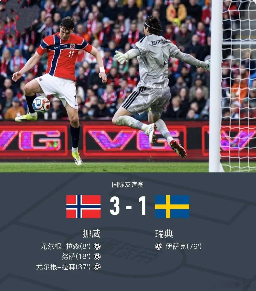 挪威3-1瑞典，拉森梅开二度，努萨建功北京时间6月2日国际友谊赛，挪威对阵瑞典。