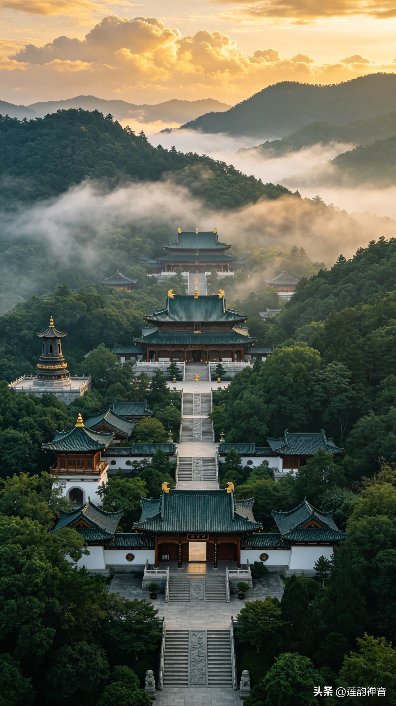 瑞气环山寺，清辉护众生！万事安康[福]
航拍古寺，祥云朵朵，射线状佛光漫过整座庙