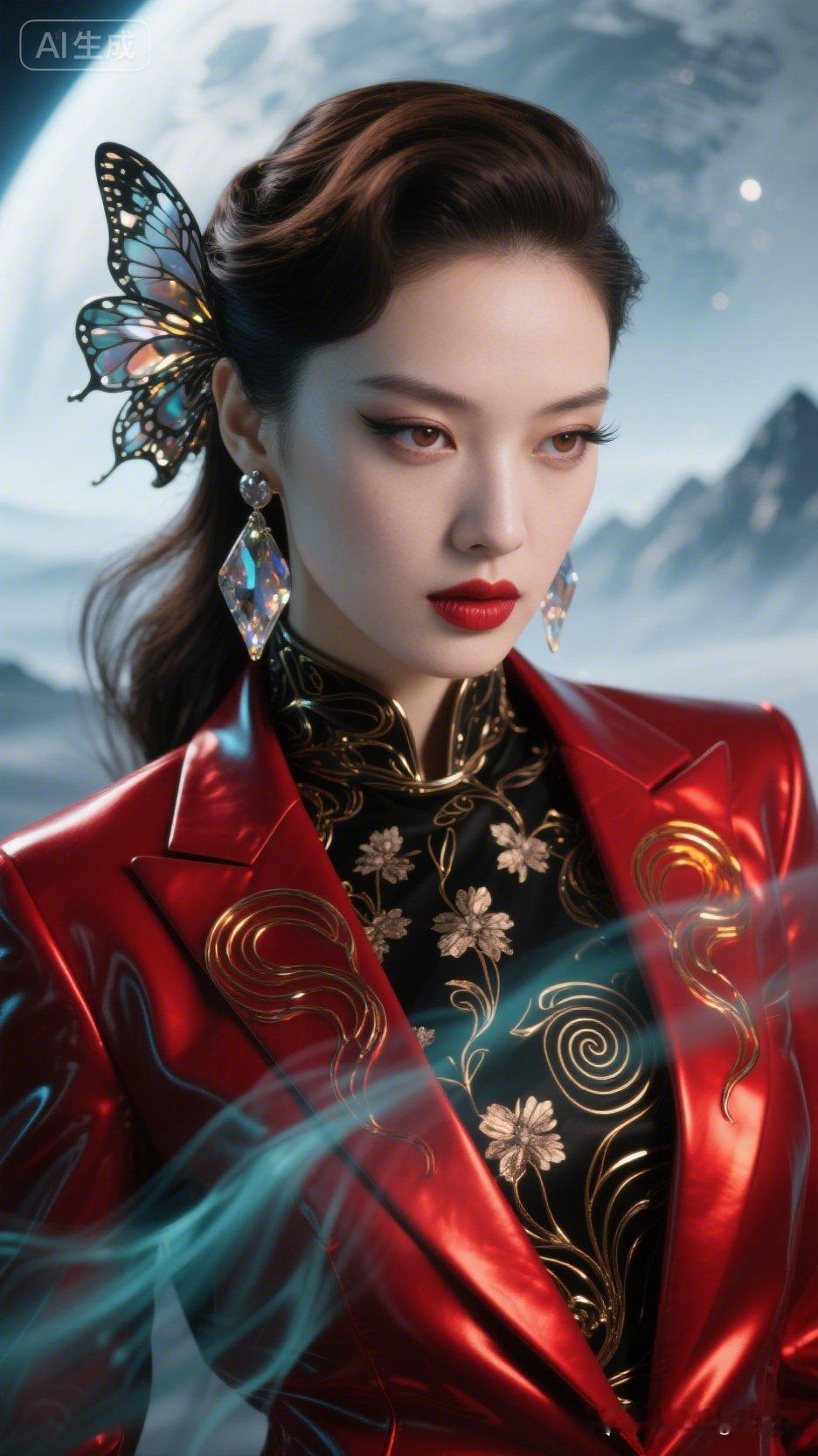 复古风红黑撞色，蝴蝶发饰点缀，优雅气质满满！💄👗🦋