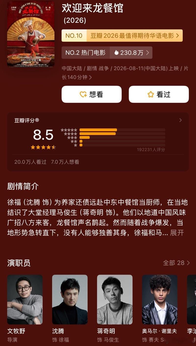 沈腾、蒋奇明《欢迎来龙餐馆》评分涨到8.5了，继续冲！！！ 