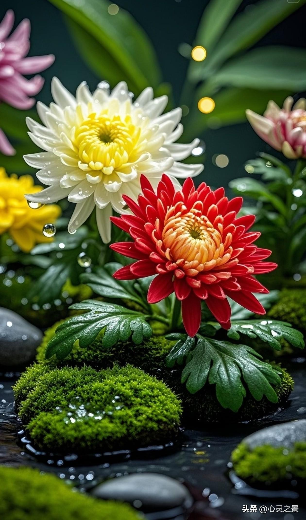 清涧苔藓温润，彩菊缀满晶莹水珠，红白黄三色繁花错落盛放，在清幽绿意里自带温柔坚韧