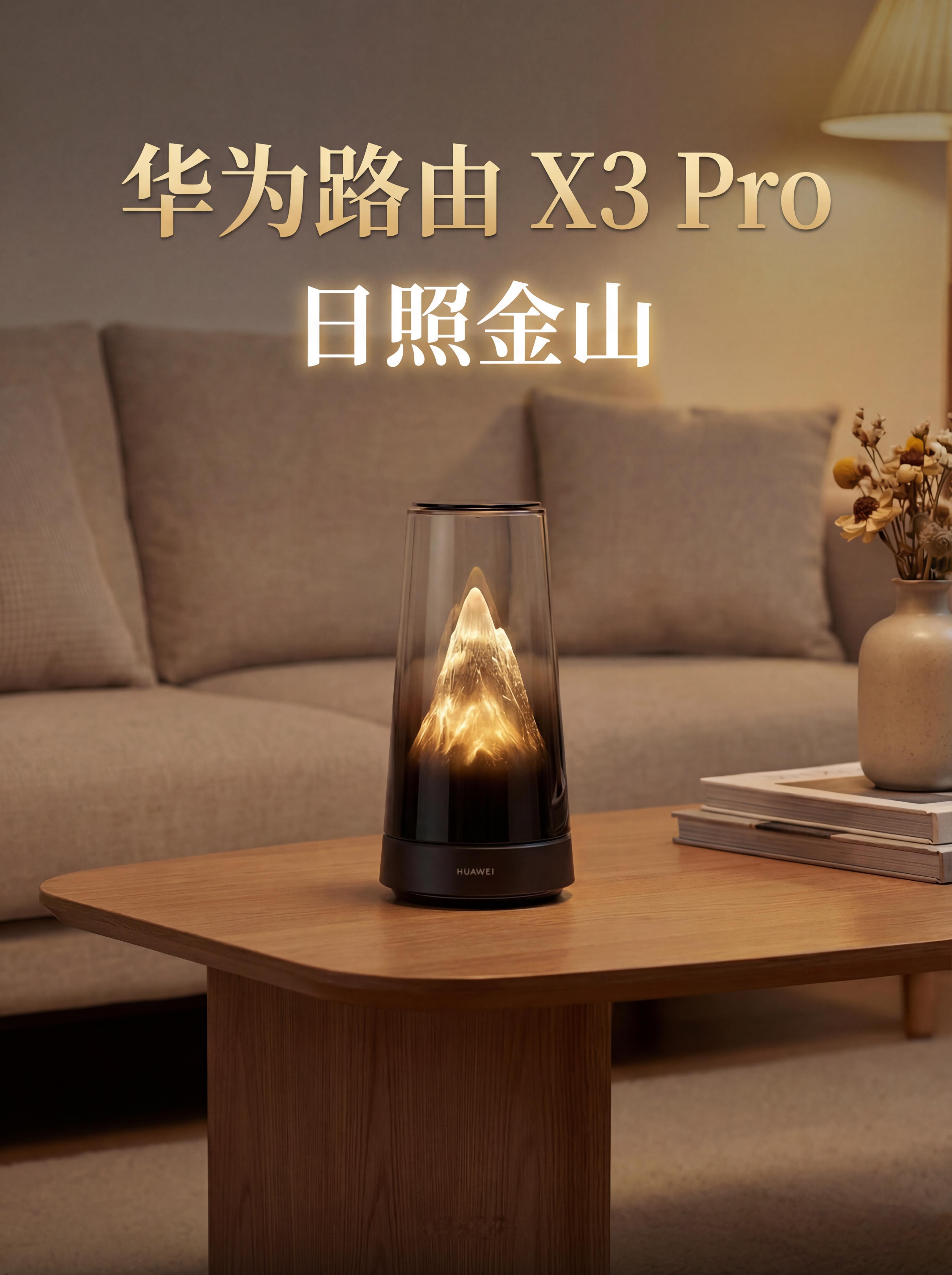 HYK图赏｜华为路由器X3 Pro日照金山圆柱形透明机身，里面内置一个了雪山模型