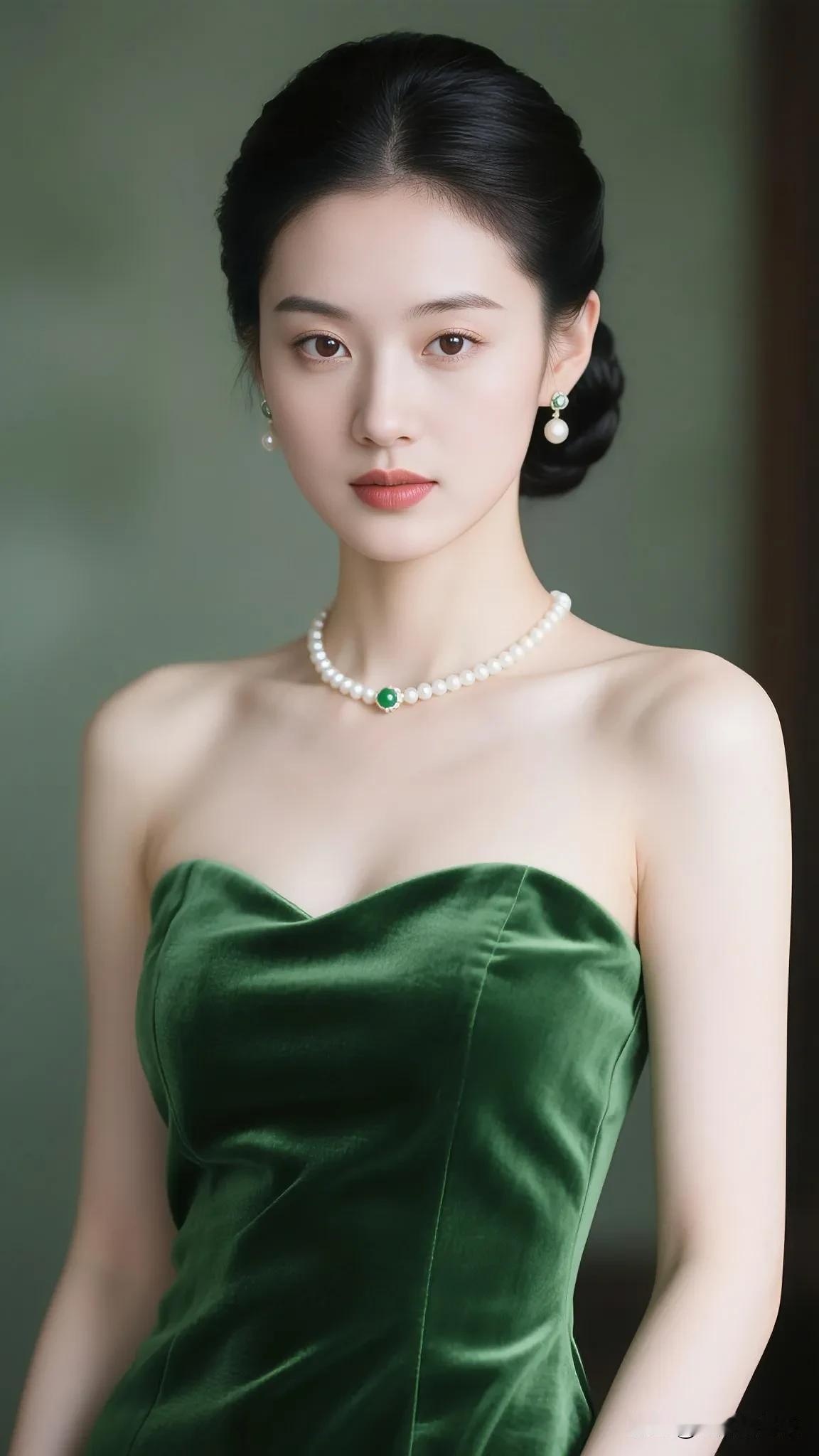 绿衣美人
 
绿裙闪闪真漂亮，
无肩设计很时尚。
头发高高盘头上，
珍珠翡翠放光