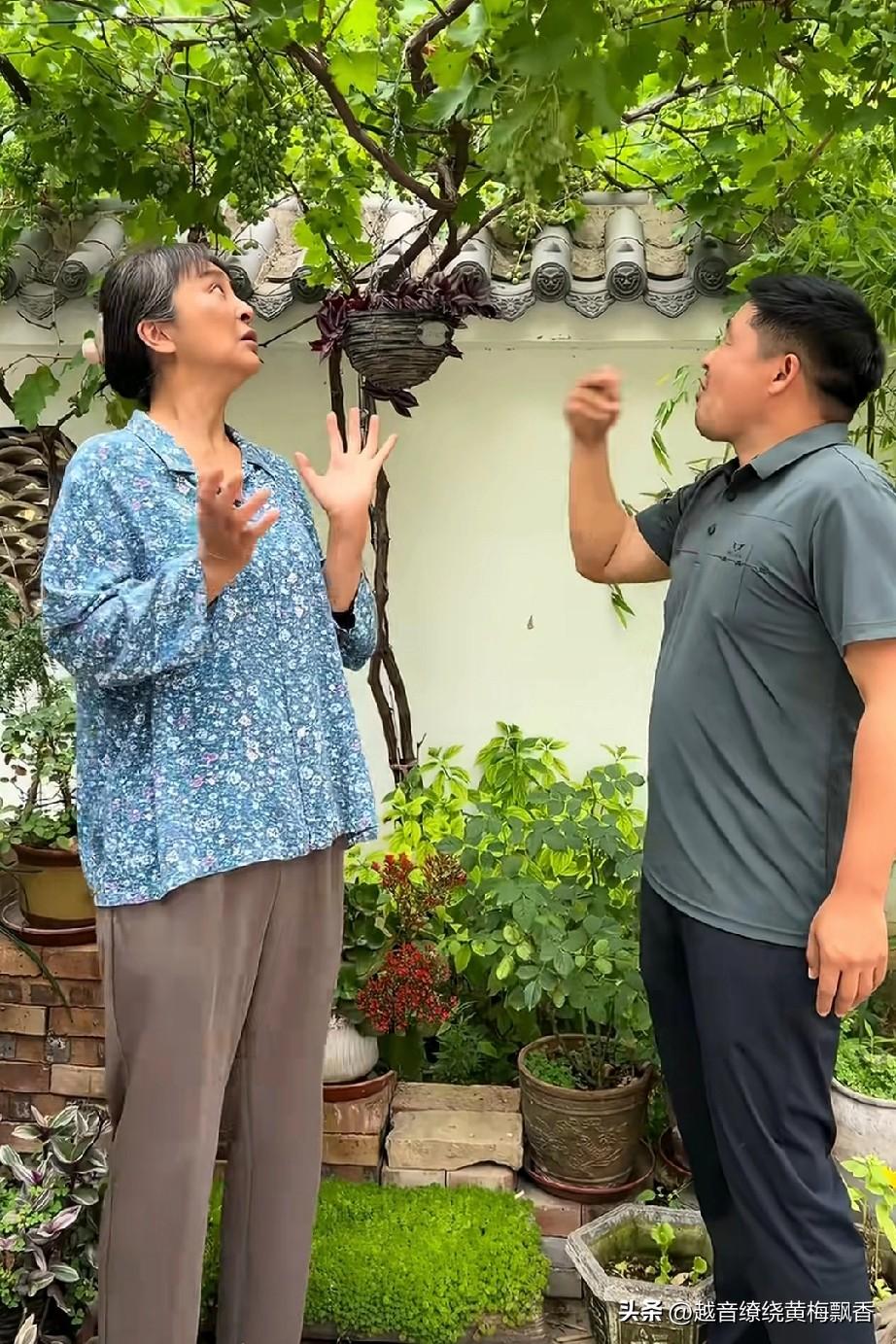 来喜和李勤勤在拍戏间隙，来到一棵葡萄架下，来喜一边摘葡萄一边吃，还对李勤勤说:“