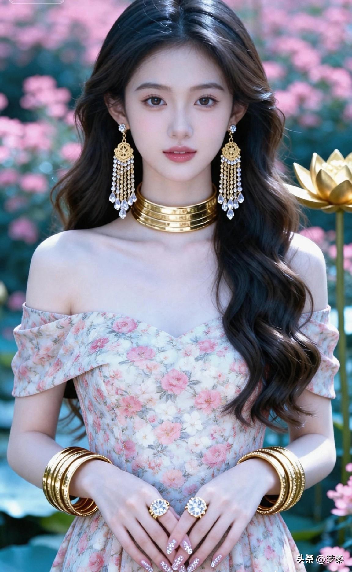 分享绝美的美女照漫花池水环绕，鎏金首饰衬柔颜，碎花裙美女自带诗意氛围感国色天姿美