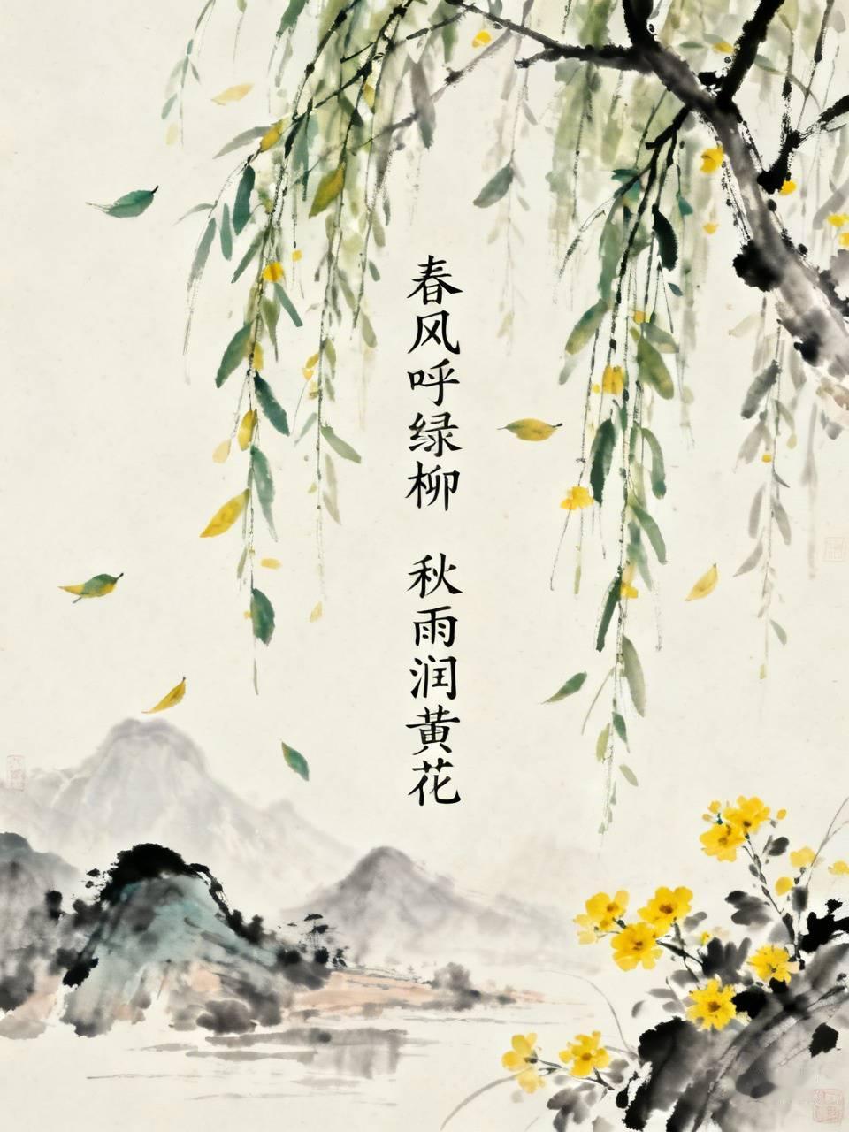 上联：春风呼绿柳，
下联：秋雨润黄花。