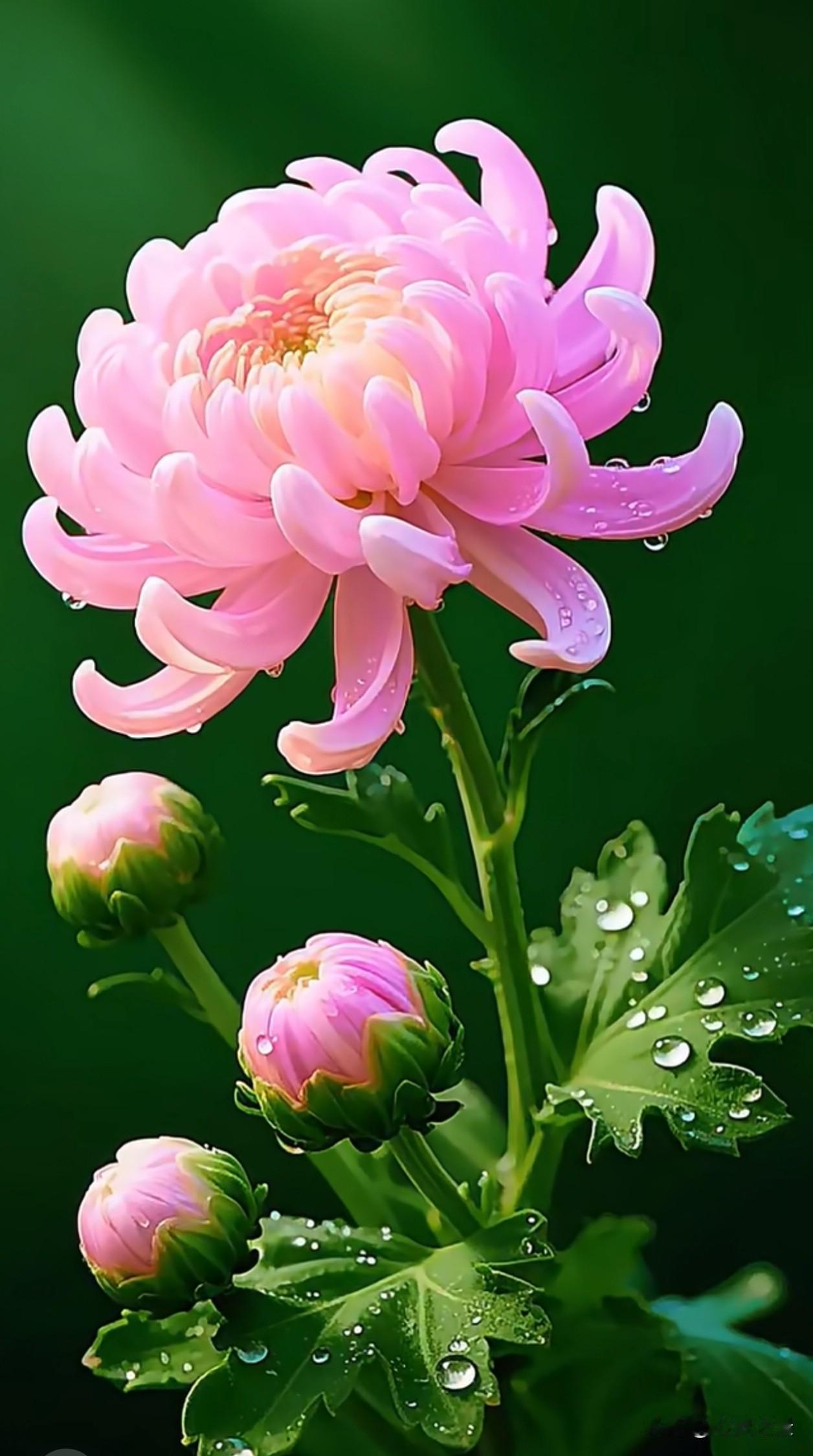 柔粉丝菊缀满透亮水珠，卷曲花瓣温柔舒展，花苞藏着未开的期许，衬着深绿背景干净又治