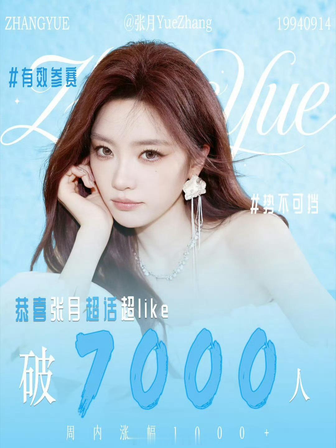 张月浪姐吸粉好多，目前超like破7000人，周内涨幅达到1000+ 
