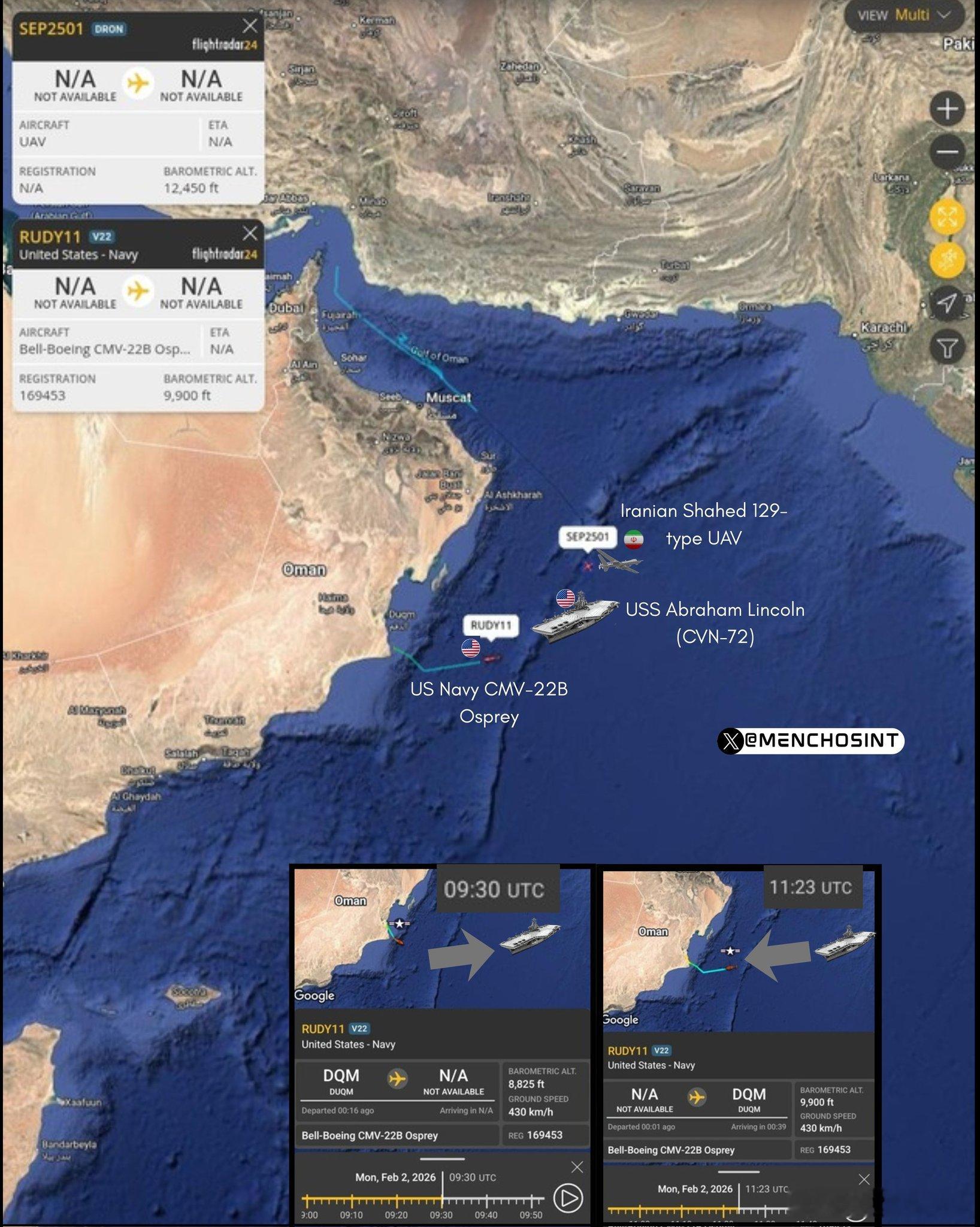 美伊对峙 根据鱼鹰机的飞行轨迹确定的“林肯号”航母位置距离最近的伊朗海岸线约80