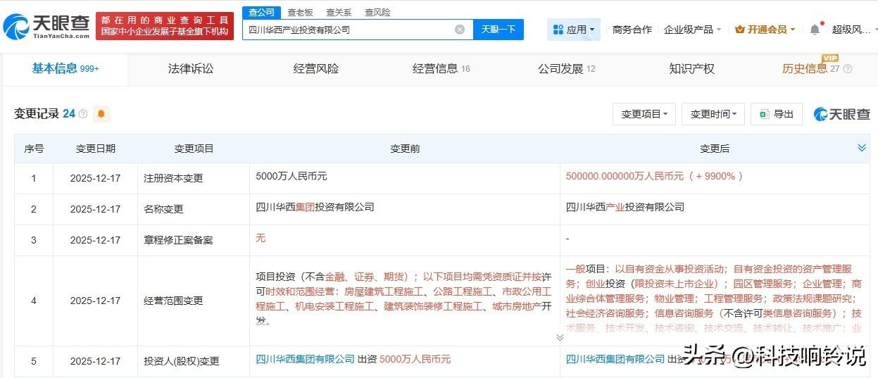 【华西集团投资公司更名为产业投资公司 注册资本增至50亿】
天眼查工商信息显示，
