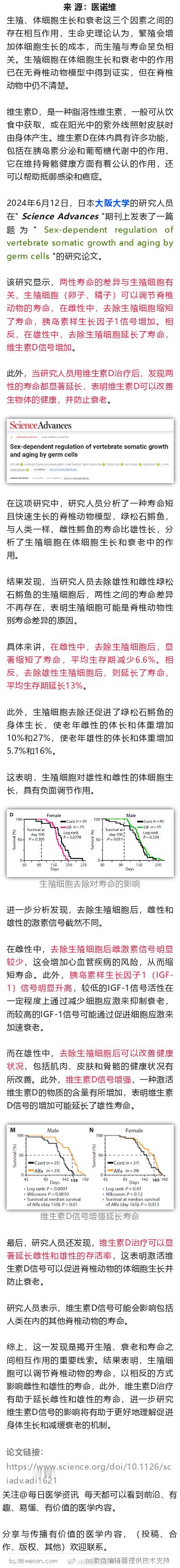 登上神坛！Science子刊：维生素D，或能延长寿命2024年6月12日，日本大