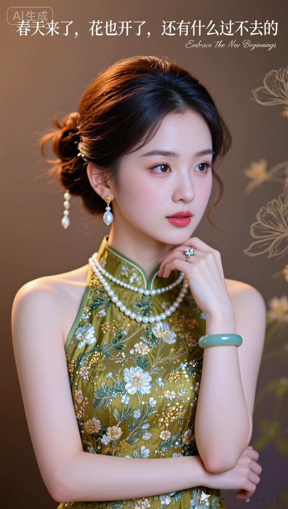 温婉东亚女子梳蓬松棕调低丸子头，碎发轻柔散落。肤白眉眼温婉，淡唇清雅。身着金绿亮