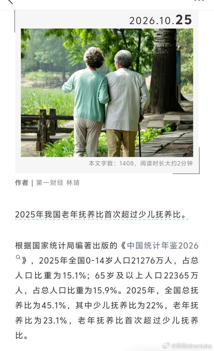 第一财经报道，中国老年抚养比2025年首次超过少儿抚养比据《中国统计年鉴2026